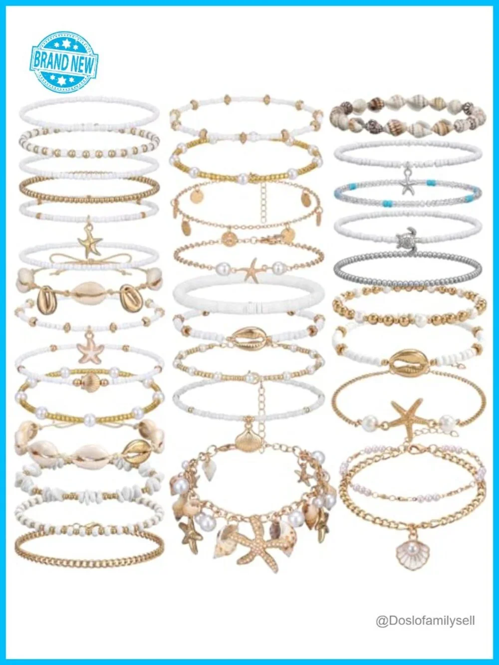 32 Pcs Summer Beach Anklets Shell Bead Gold Plated Boho Adjustable Stackable